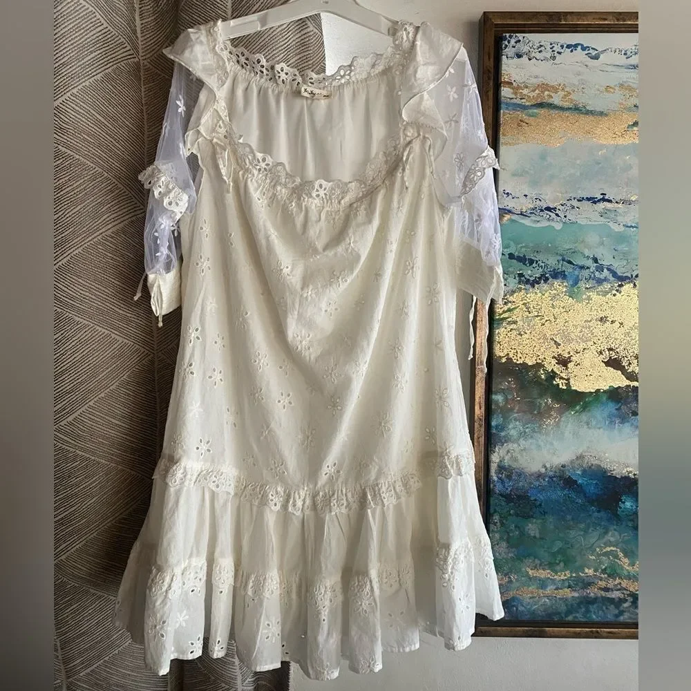 For Love And Lemons Hermosa Eyelet Mini Dress Tunic Beige Sz Small Tulle Sleeve - Picture 5 of 15